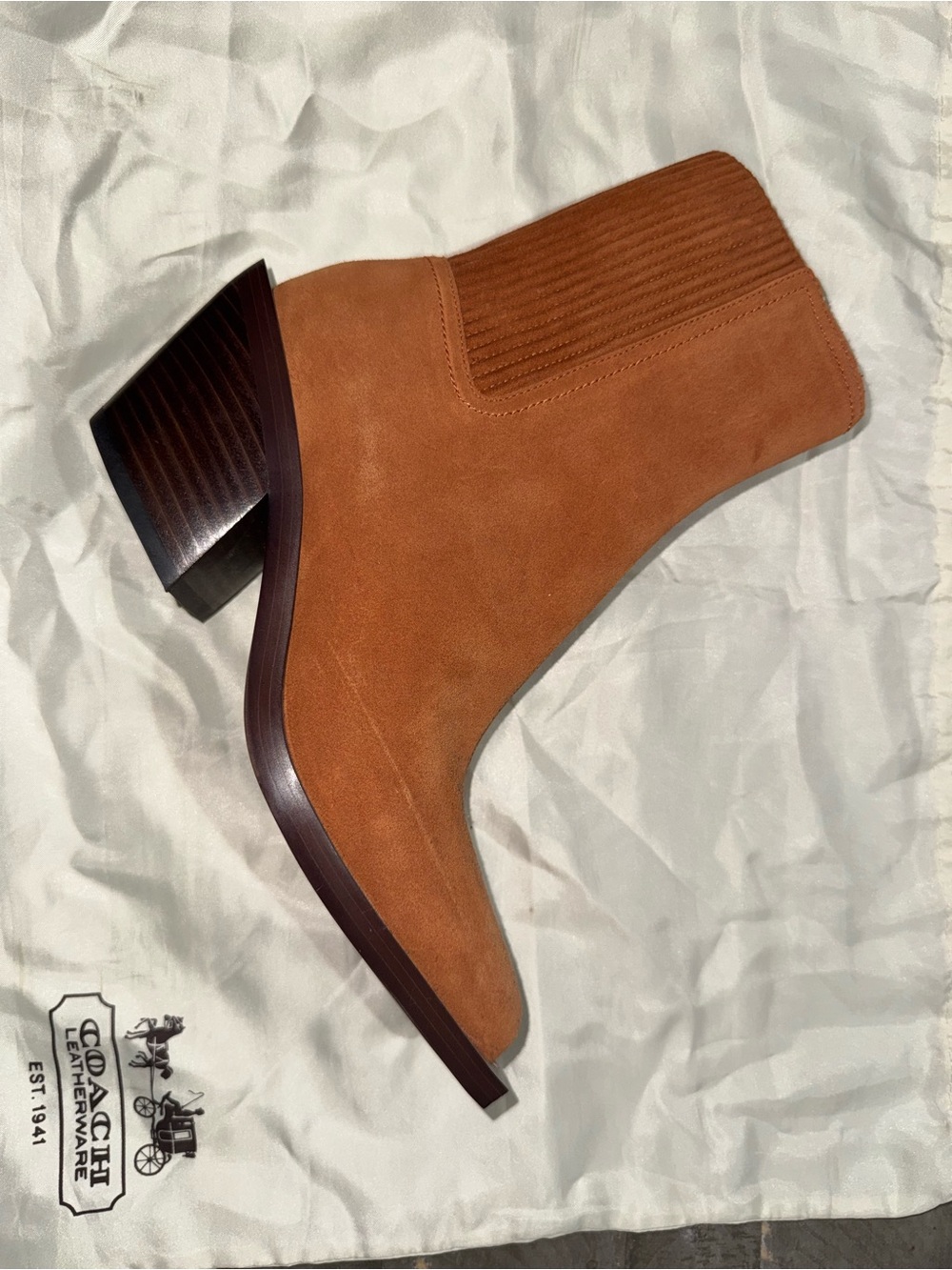 Suede leather Prestyn ankle bootie. Brand new. No box but have dust bag.
